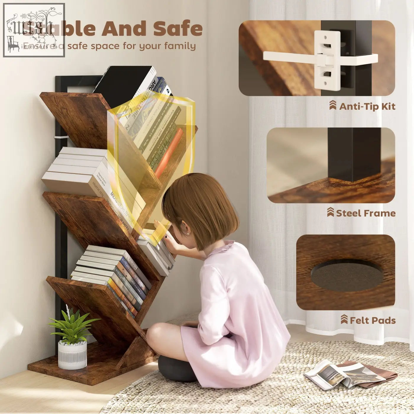 Homcom four-section tree bookcase with black steel frame made of robust particle board and anti-tip kit for safe storage