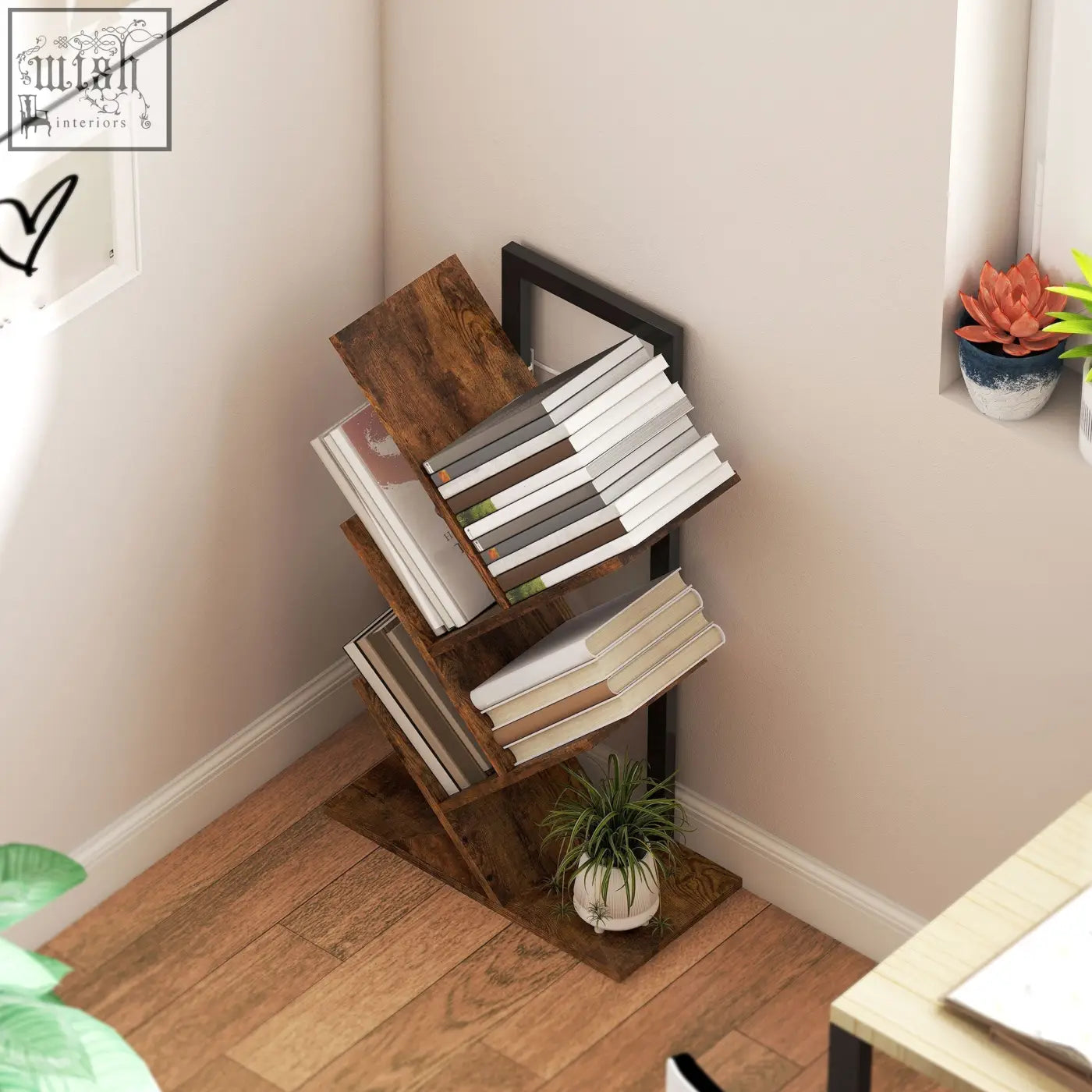 Rustic wooden homcom four-section tree bookcase with black metal frame and angled shelves made of robust particle board