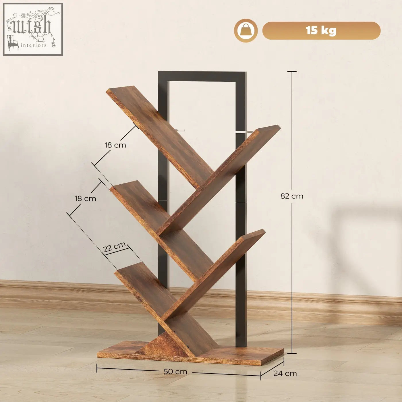 Modern wooden bookshelf with four sections and angled shelves made of robust particle board and black metal frame