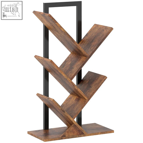 Modern wooden HOMCOM four-section tree bookcase with sleek black metal frame and robust particle board angled shelves