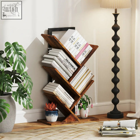 Rustic wood-effect homcom four-section tree bookcase with angled shelves made of robust particle board holding books and plants
