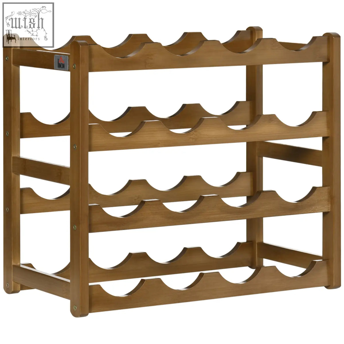 Homcom free standing bamboo wine rack with warm wood finish and curved slots for 16 bottles and display shelves