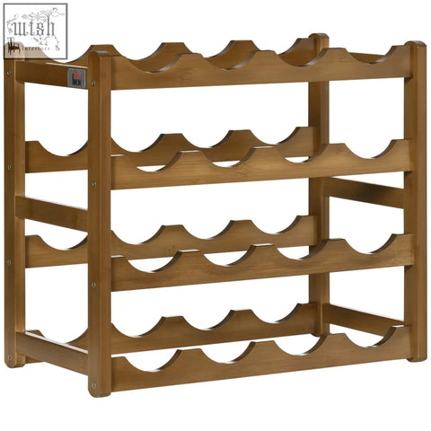 Homcom free standing bamboo wine rack with warm wood finish and curved slots for 16 bottles and display shelves
