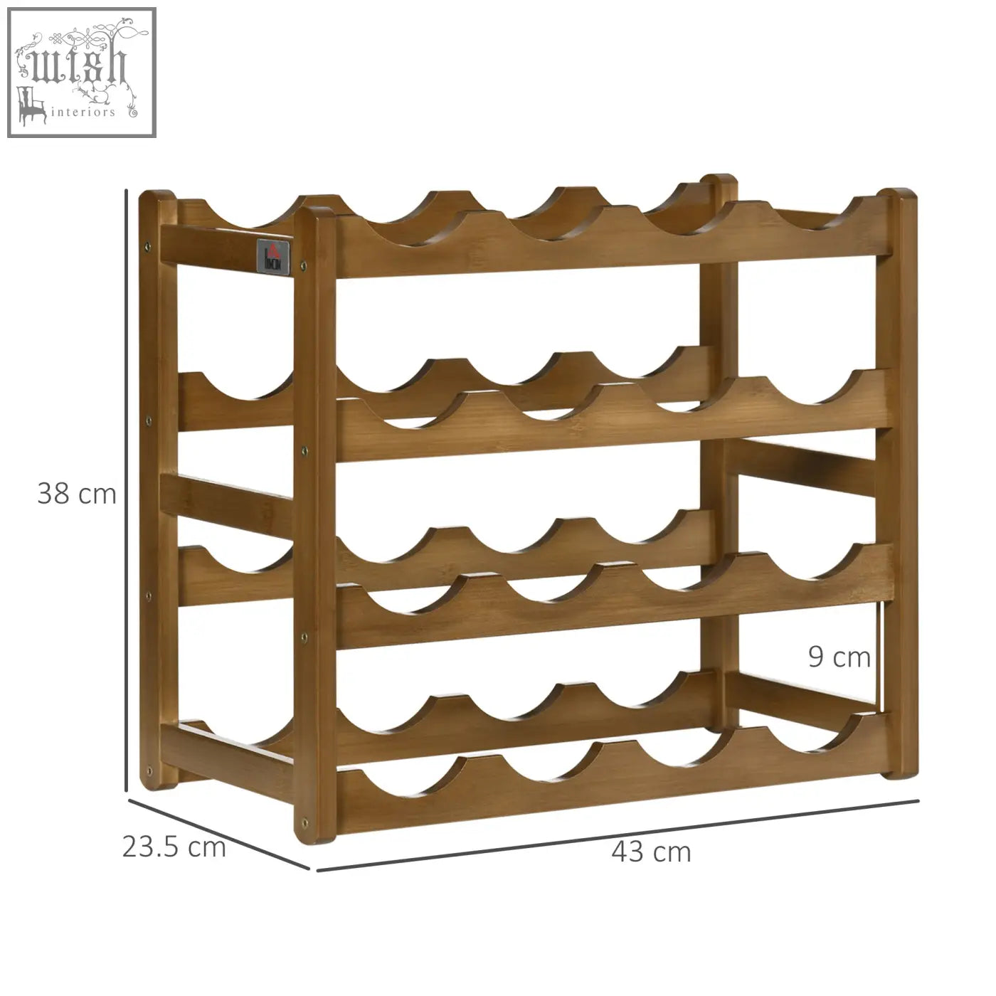 Brown wooden bamboo wine rack with three tiers of curved slots for bottles perfect for wine storage rack