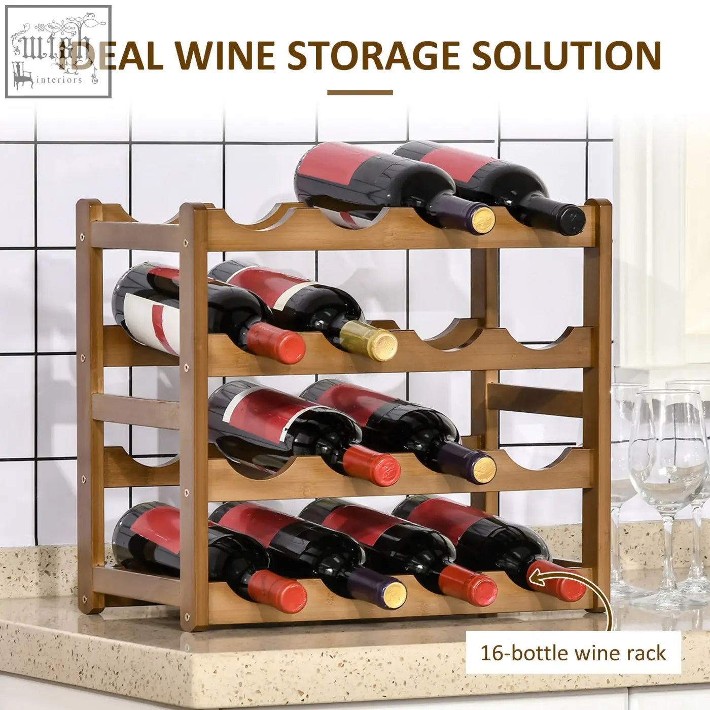 A brown four-tier bamboo wine rack with curved holders for 16 bottles perfect as a wine storage rack