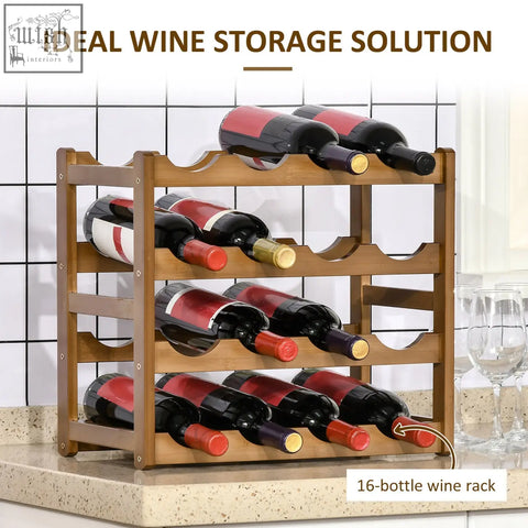 A brown four-tier bamboo wine rack with curved holders for 16 bottles perfect as a wine storage rack
