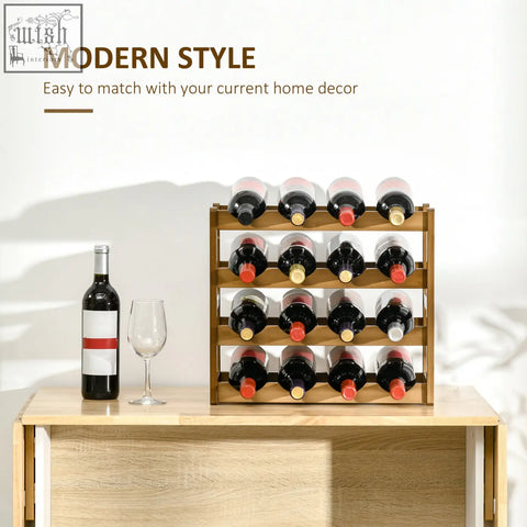 Modern-style brown bamboo wine rack holding 12 bottles of red and white wine for wine storage rack use