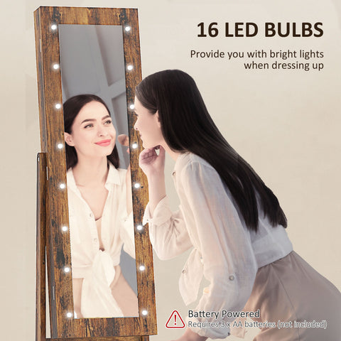Rustic brown homcom free standing mirror cabinet with led lights and wooden frame for jewelry storage and full-length use