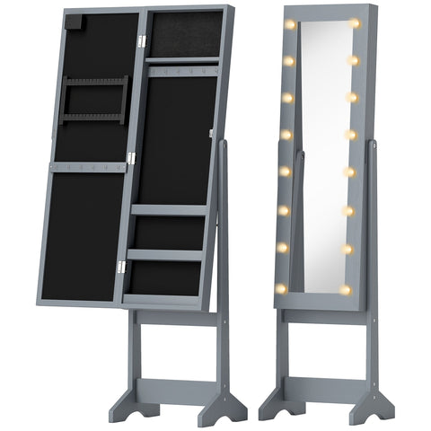 Gray wooden free standing mirror cabinet with led lights and jewelry storage compartments for earrings rings and lipsticks