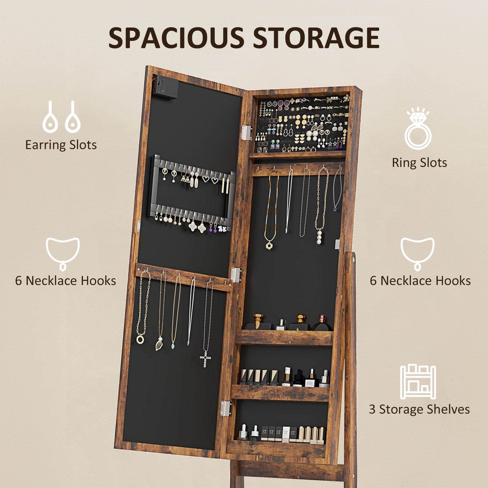 Rustic wooden free standing mirror cabinet with led lights and black interior for jewellery storage and organization