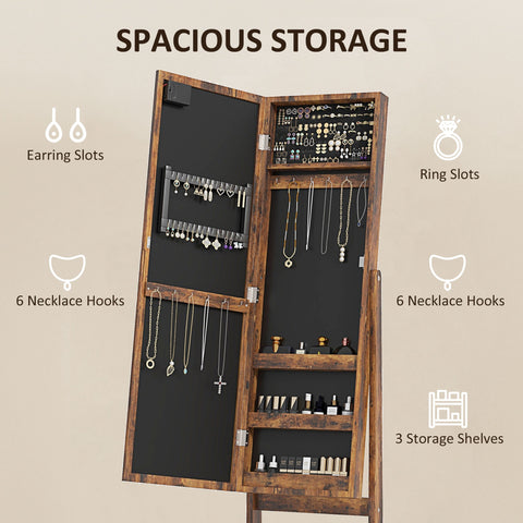 Rustic wooden free standing mirror cabinet with led lights and black interior for jewellery storage and organization