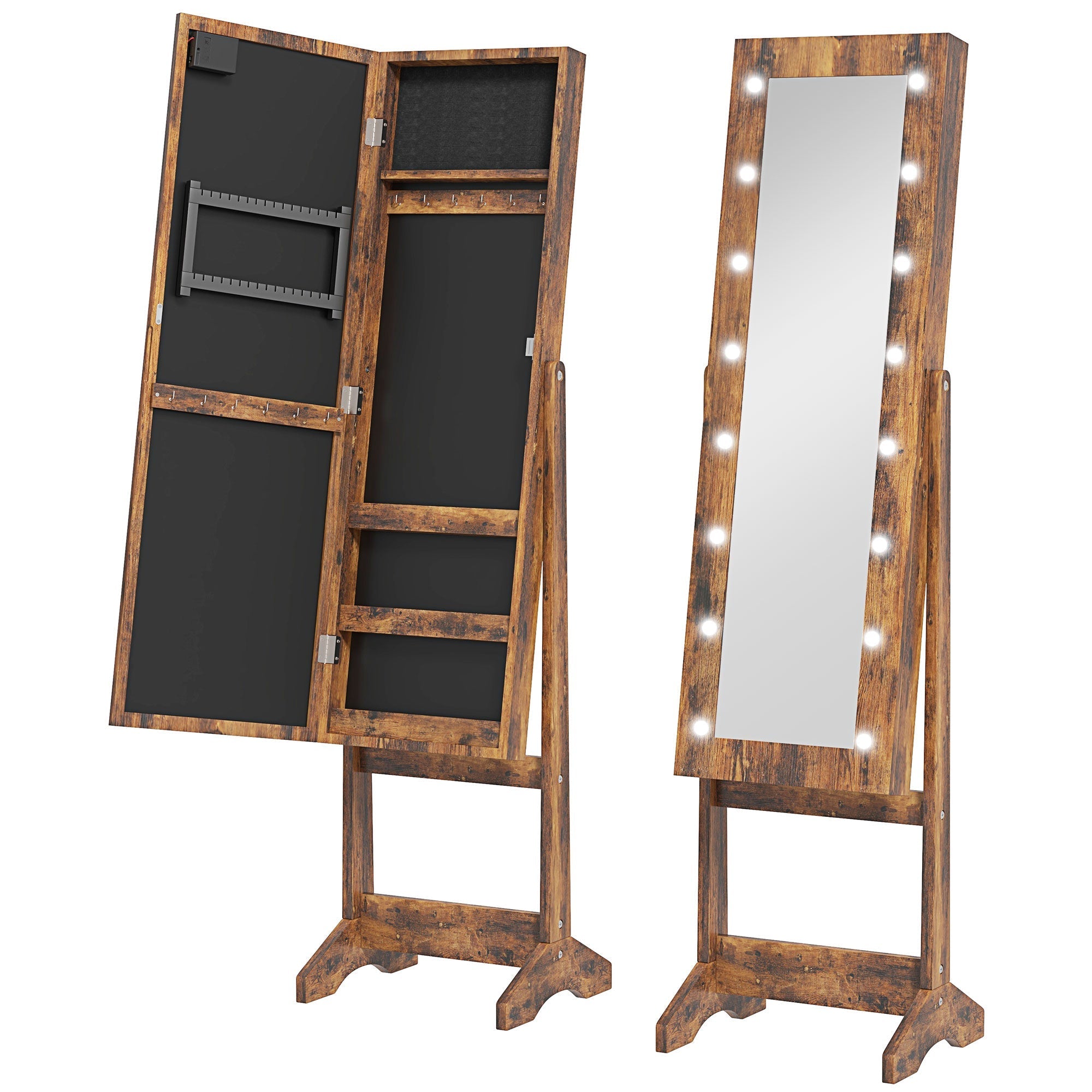 Rustic brown free standing mirror cabinet with led lights and jewelry storage for earrings rings and lipsticks