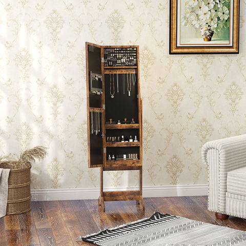 Rustic brown homcom free standing mirror cabinet with led lights featuring a wooden jewelry armoire with shelves and racks