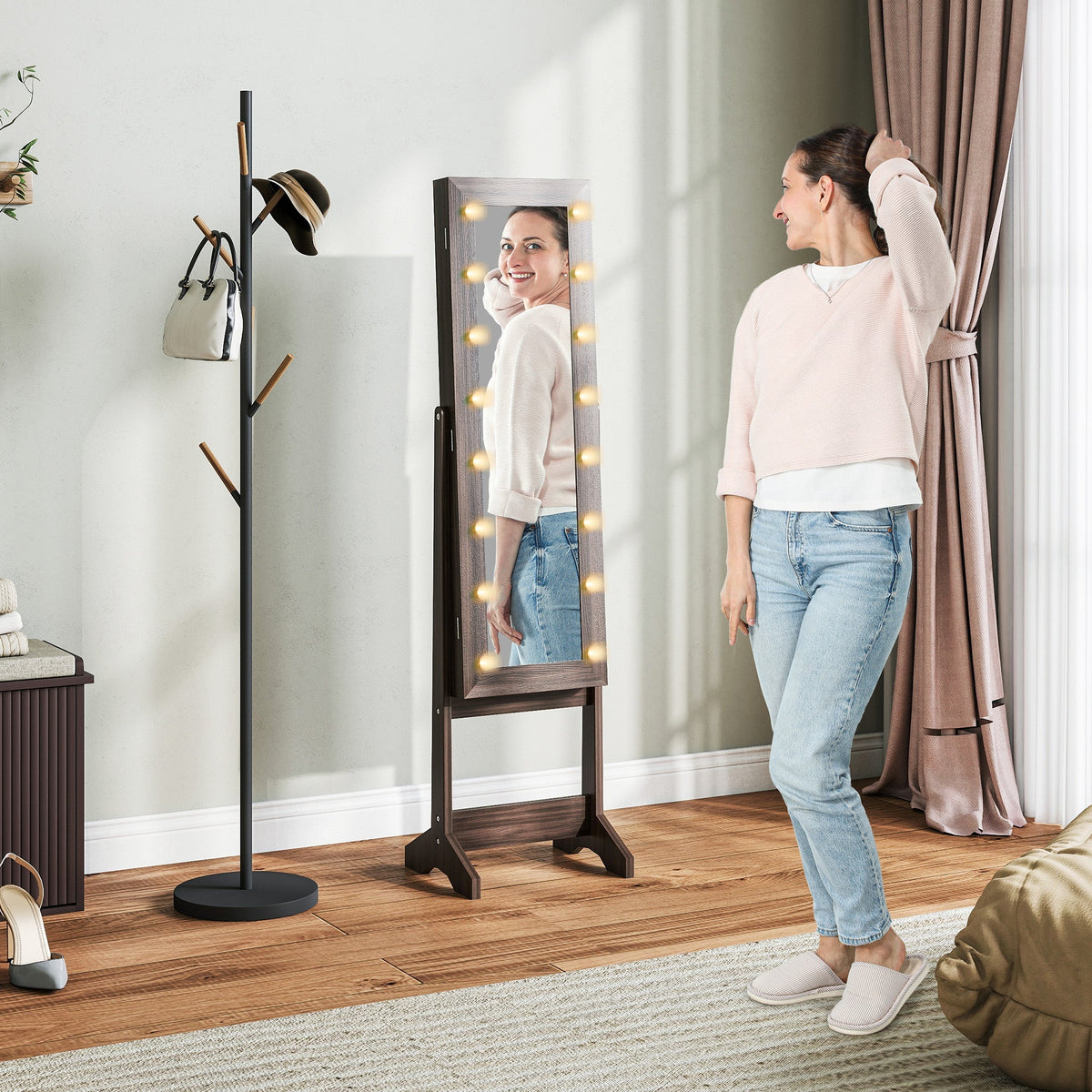 Dark brown wood-framed free standing mirror cabinet with led lights and storage for jewelry and makeup organizer