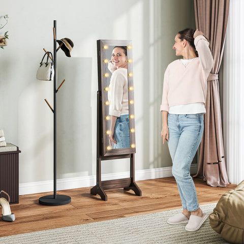 Dark brown wood-framed free standing mirror cabinet with led lights and storage for jewelry and makeup organizer