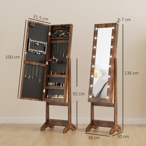 Rustic brown wooden free standing mirror cabinet with led lights and jewelry storage for earrings necklaces rings and lipsticks