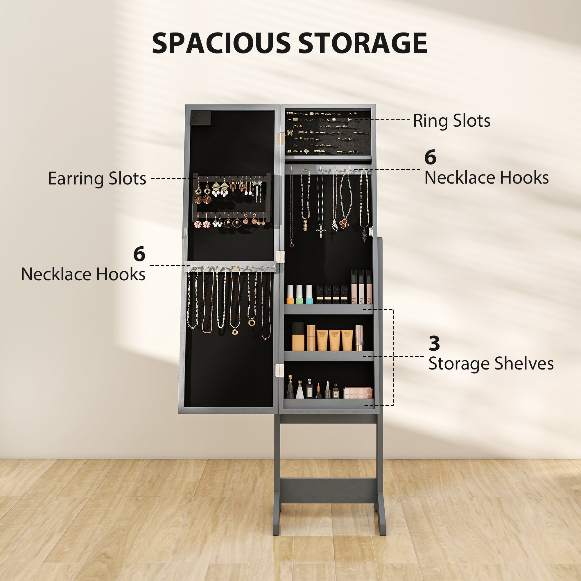 Gray metal free standing mirror cabinet with led lights and organized compartments for jewelry and accessories storage