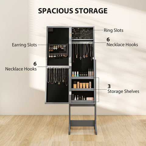 Gray metal free standing mirror cabinet with led lights and organized compartments for jewelry and accessories storage