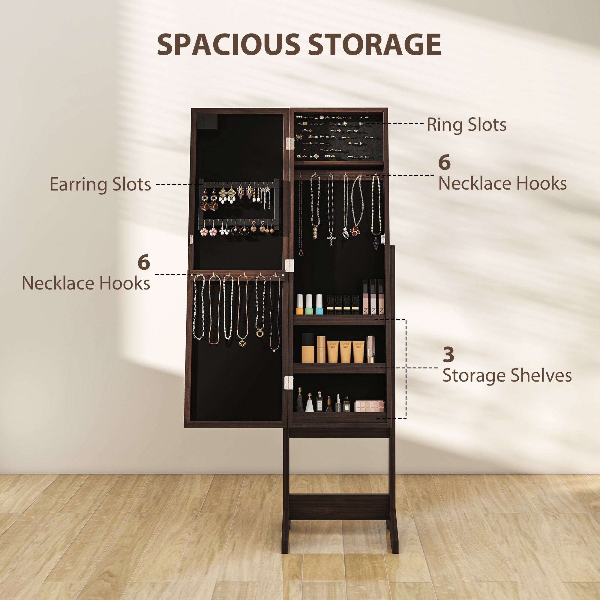 Dark wood free standing mirror cabinet with led lights and organized compartments for jewelry and cosmetics storage