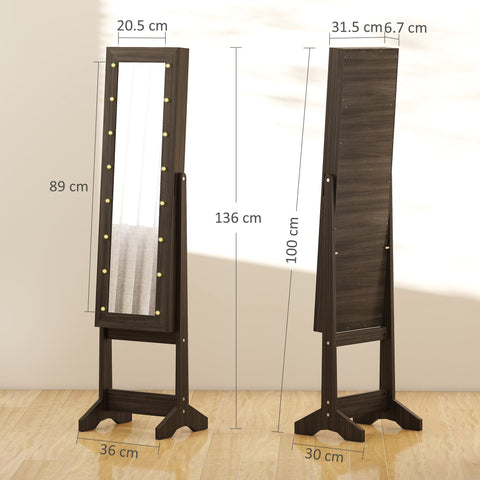 Dark wood free standing mirror cabinet with led lights and storage for jewelry and makeup accessories