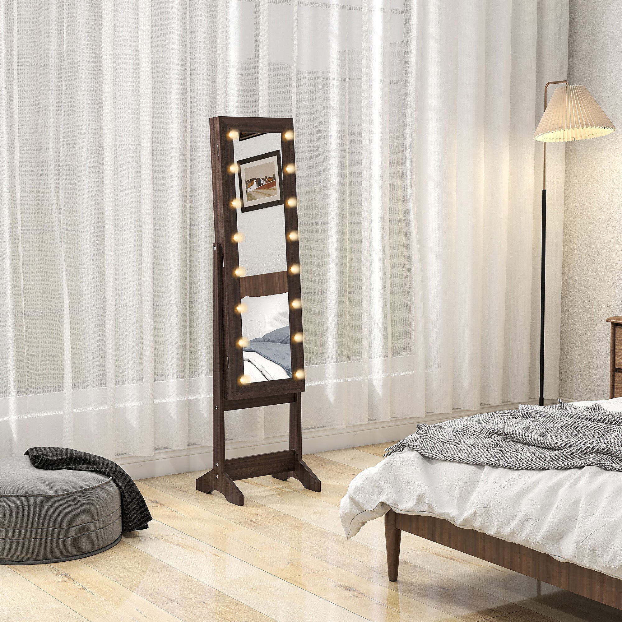 Dark brown free standing mirror cabinet with dark wood frame and led lights for jewelry and makeup storage