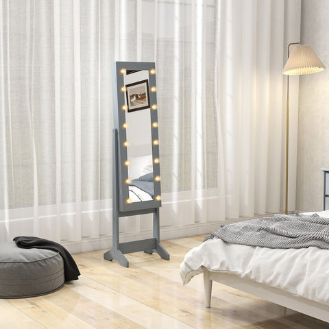 Gray free standing mirror cabinet with led lights and adjustable angles for jewelry storage and full-length use