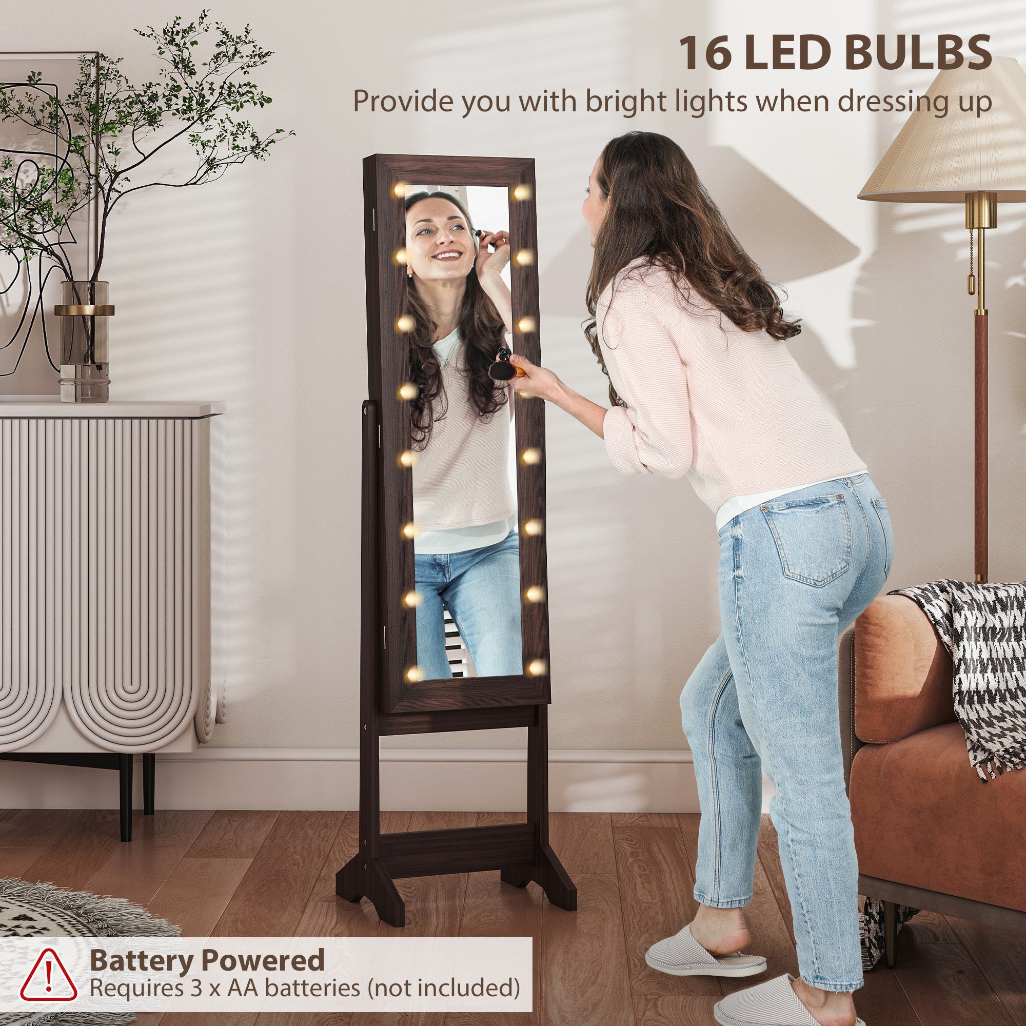 Dark brown free standing mirror cabinet with led lights and 16 bulbs for jewelry storage and full length use