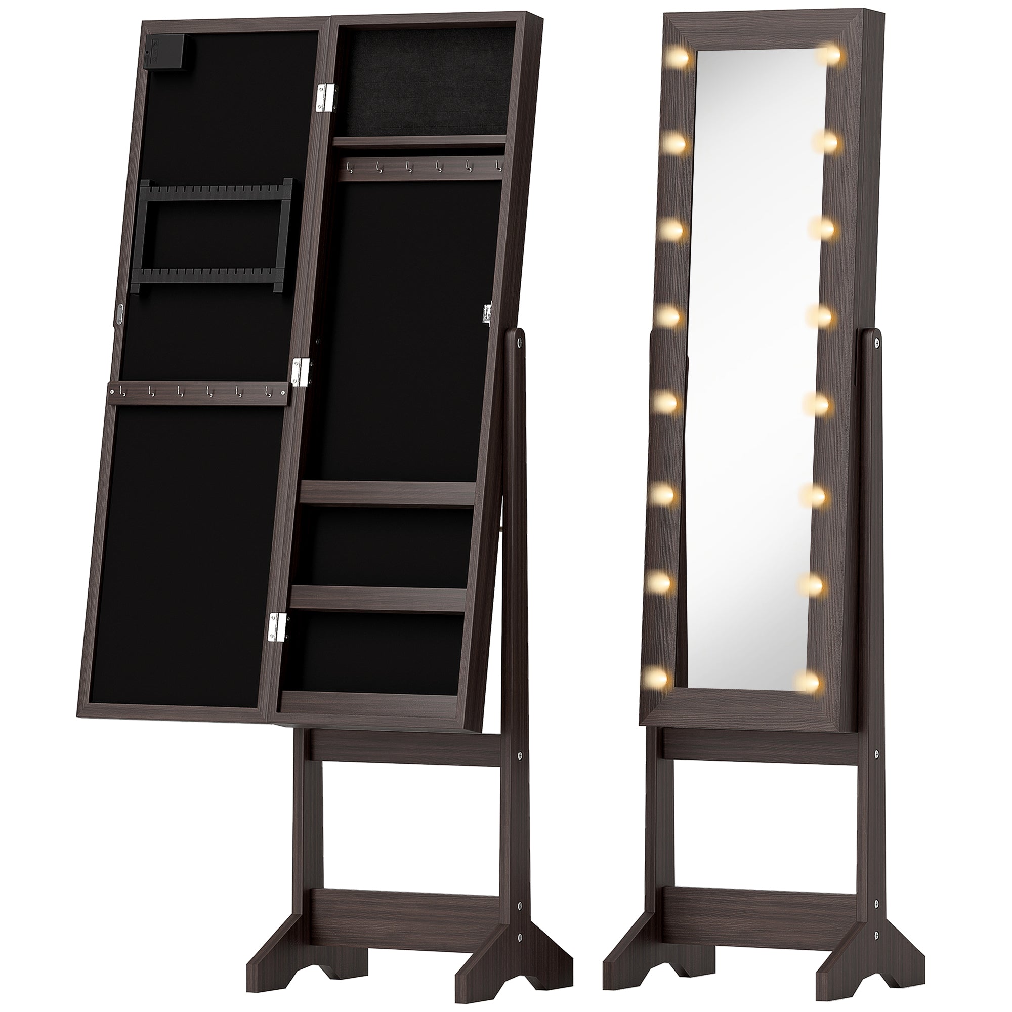 Dark brown free standing mirror cabinet with led lights and jewelry storage compartments for earrings and necklaces
