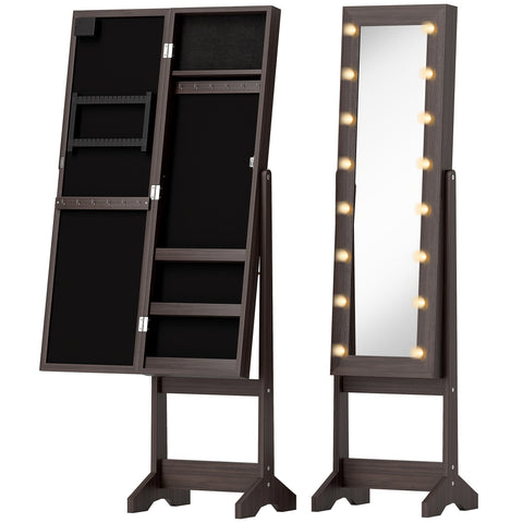 Dark brown free standing mirror cabinet with led lights and jewelry storage compartments for earrings and necklaces