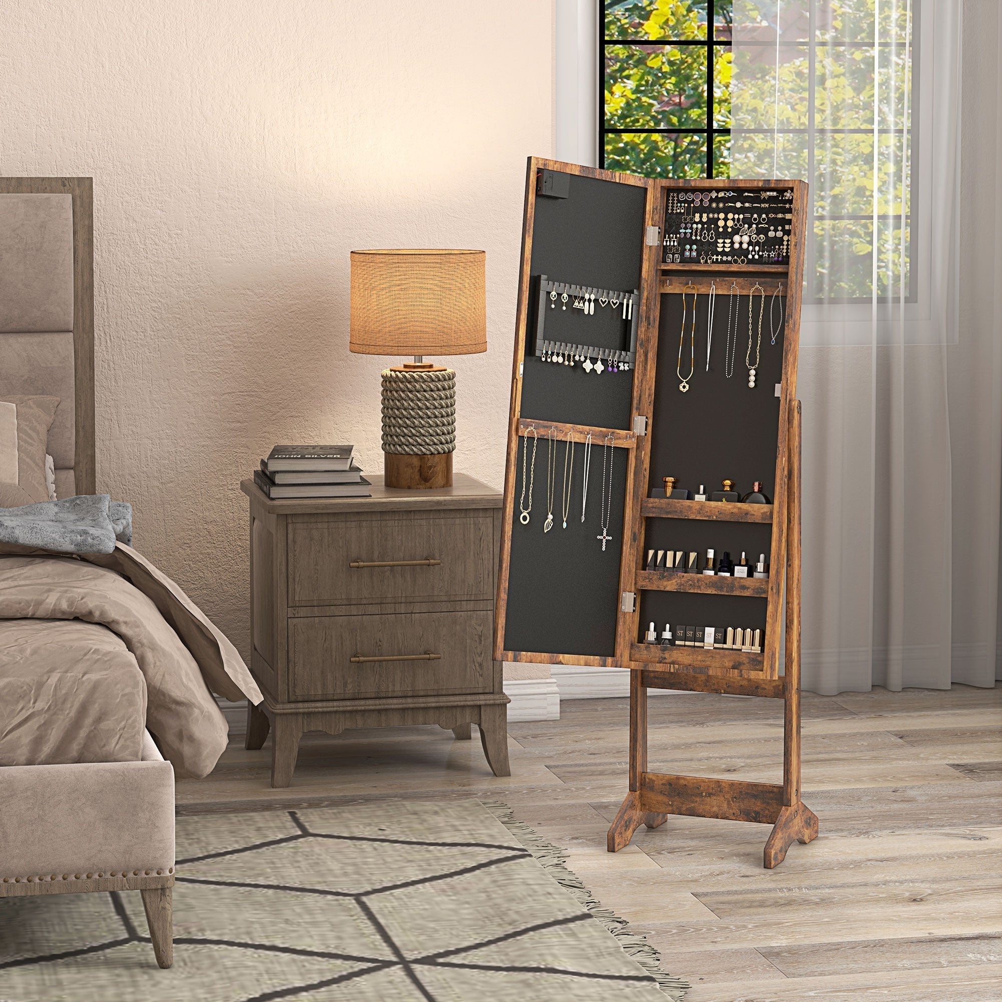 Rustic wooden free standing mirror cabinet with led lights and black interior for organizing jewelry and small bottles