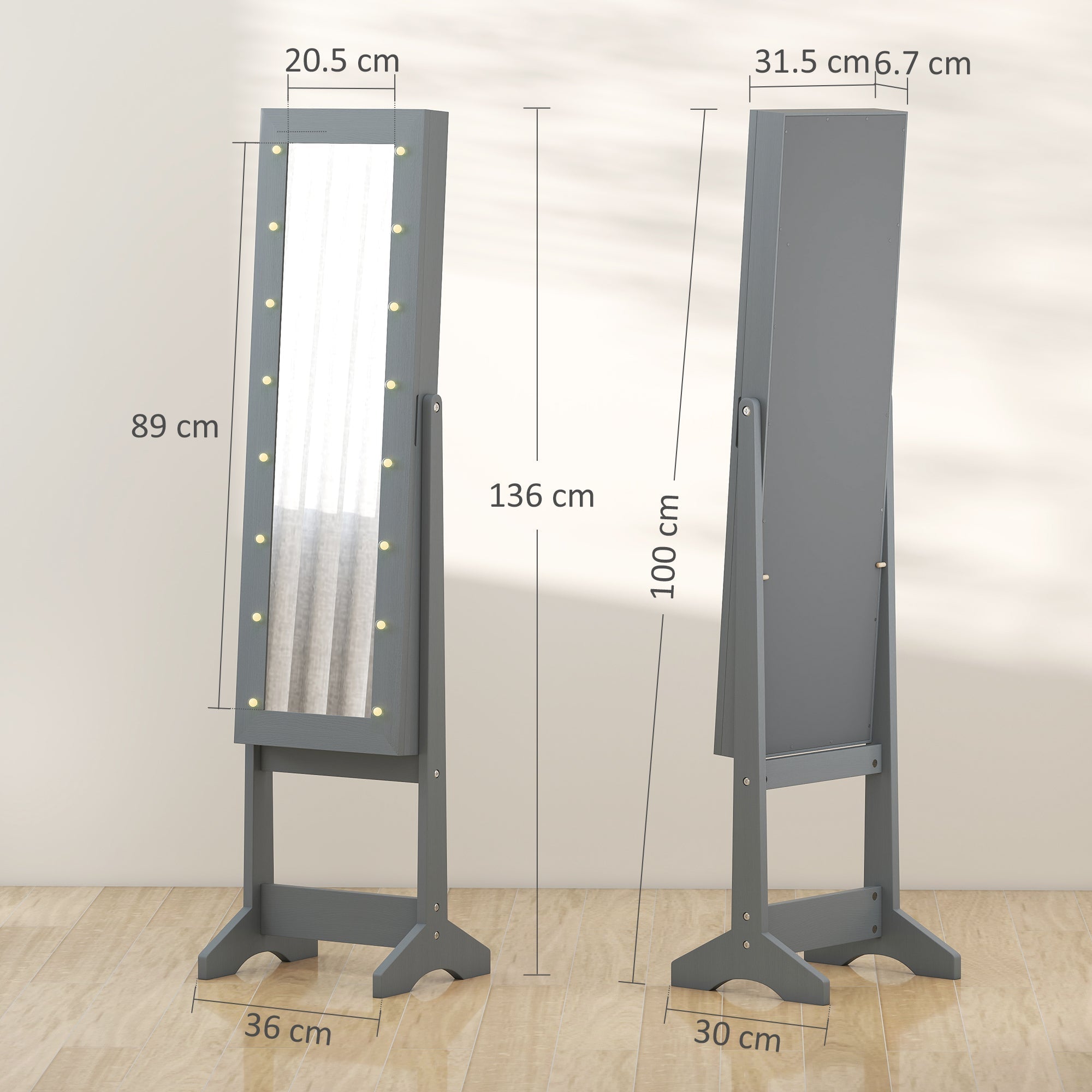 Gray free standing mirror cabinet with led lights along the frame and adjustable angles for jewelry storage