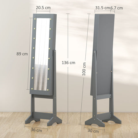 Gray free standing mirror cabinet with led lights along the frame and adjustable angles for jewelry storage