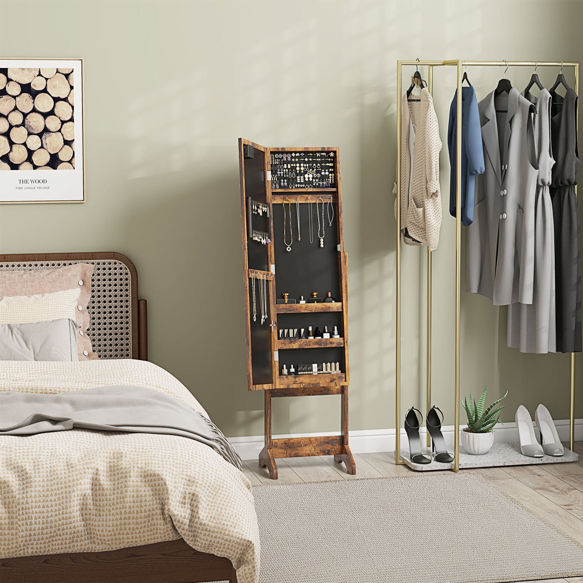 Rustic brown wooden homcom free standing mirror cabinet with led lights and black interior storage compartments