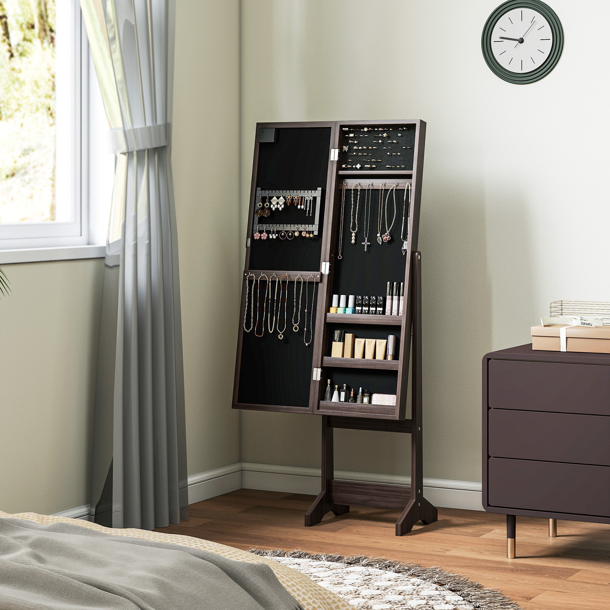 Dark brown free standing mirror cabinet with led lights and compartments for jewelry and small bottles display