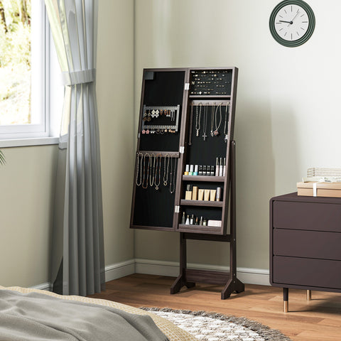 Dark brown free standing mirror cabinet with led lights and compartments for jewelry and small bottles display