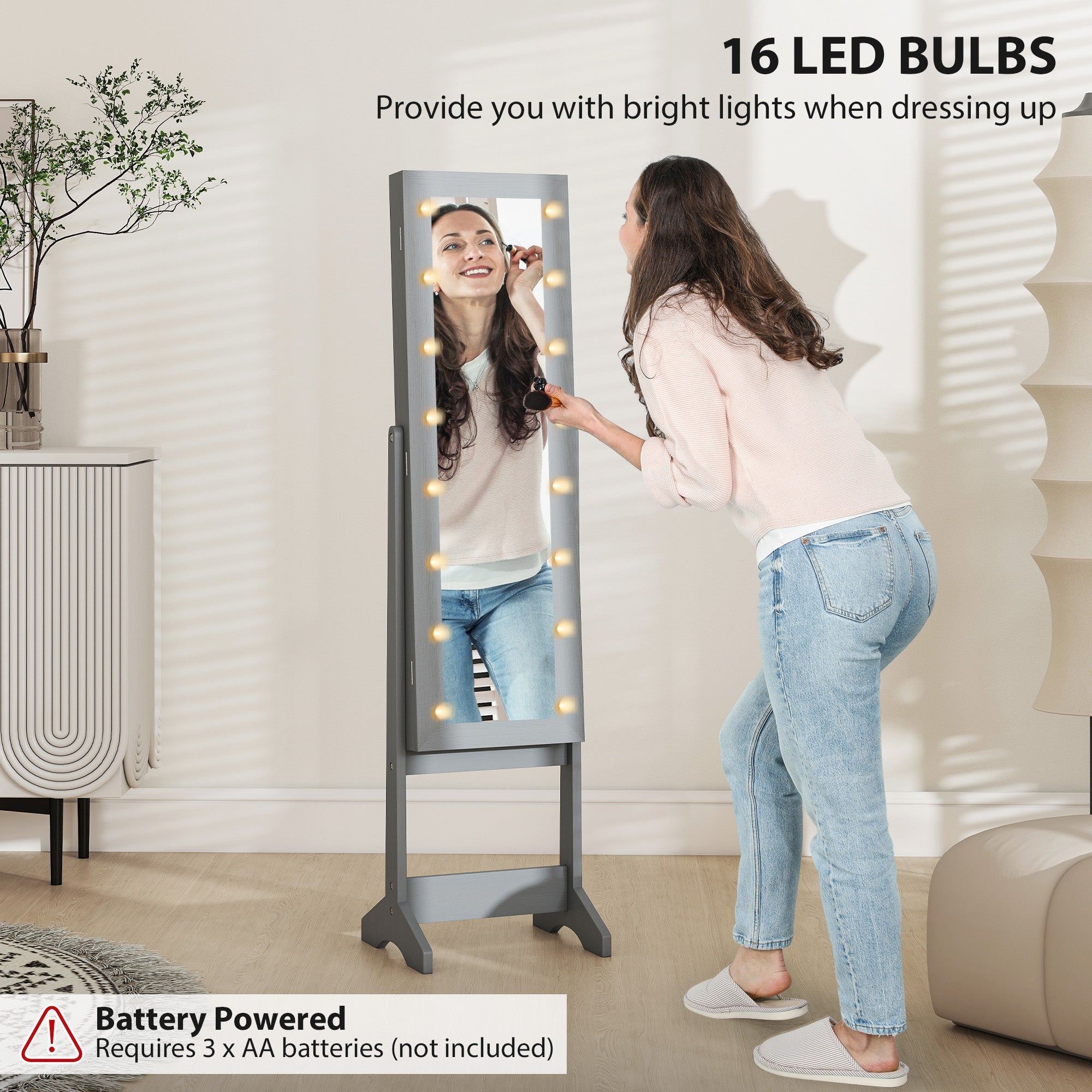 Gray free standing mirror cabinet with 16 led lights for bright dressing and jewelry storage in elegant design