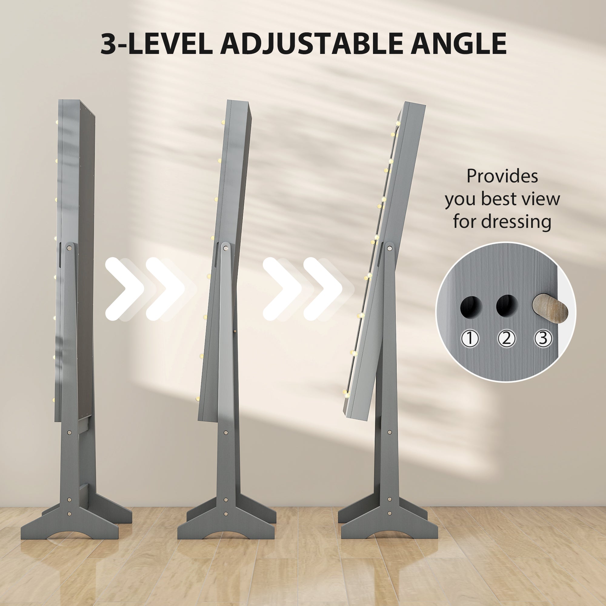 Grey metal-framed free standing mirror cabinet with led lights and 3 adjustable angles for jewelry storage