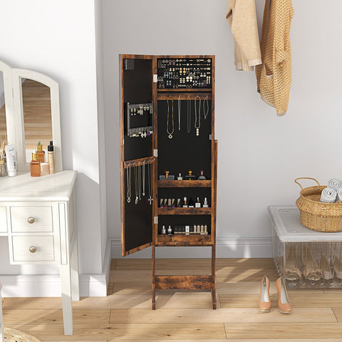 Rustic brown wooden free standing mirror cabinet with led lights and black interior for organizing jewelry and makeup
