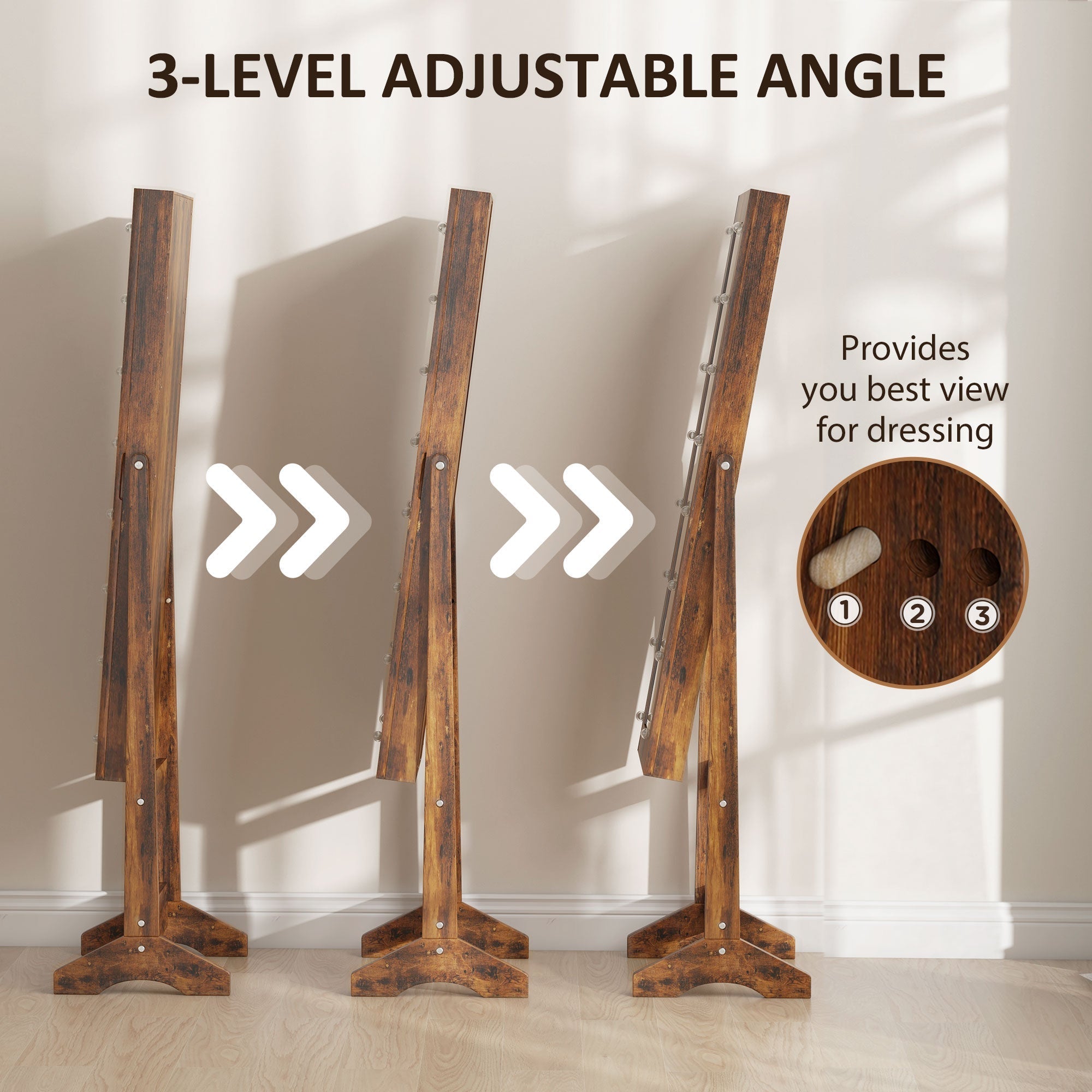 Rustic brown wooden free standing mirror cabinet with 3 level adjustable angles and led lights for jewelry storage
