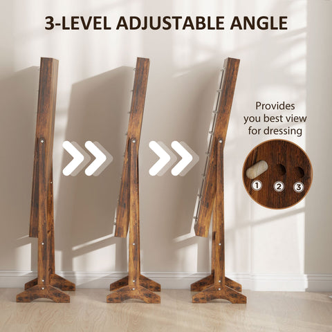 Rustic brown wooden free standing mirror cabinet with 3 level adjustable angles and led lights for jewelry storage