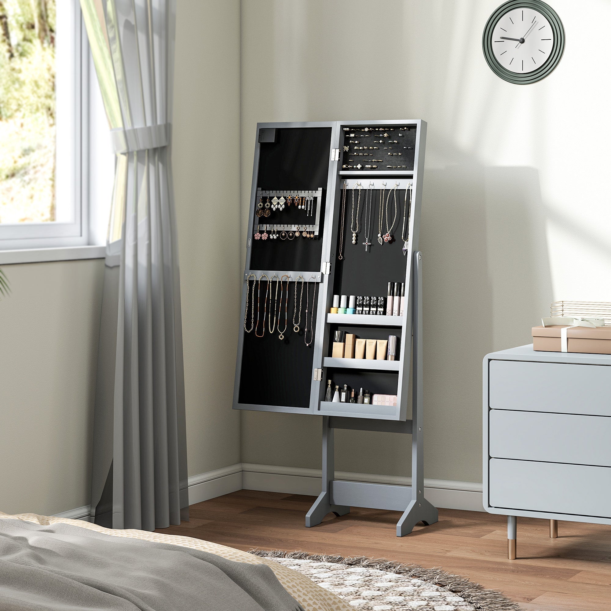Gray metal free standing mirror cabinet with led lights and compartments for jewelry and cosmetics organization