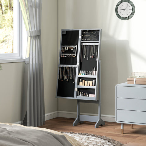Gray metal free standing mirror cabinet with led lights and compartments for jewelry and cosmetics organization