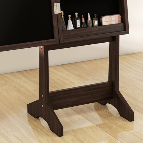 Dark wood finish free standing mirror cabinet with foldable vanity table led lights and open shelving for jewelry storage