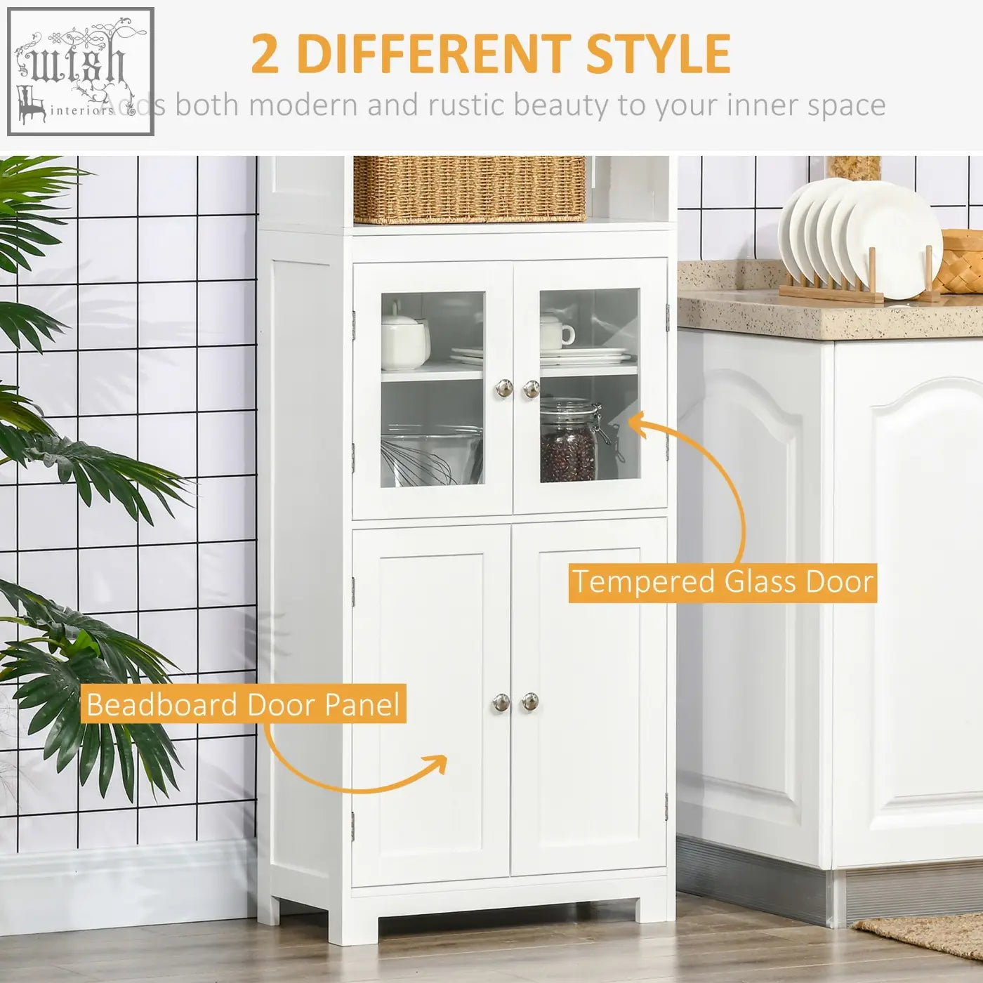 White homcom freestanding kitchen cupboard with beaded panels and tempered glass doors 54w x 28d adjustable shelf