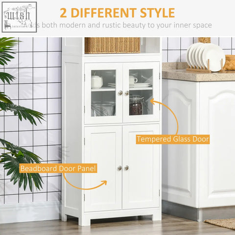 White homcom freestanding kitchen cupboard with beaded panels and tempered glass doors 54w x 28d adjustable shelf