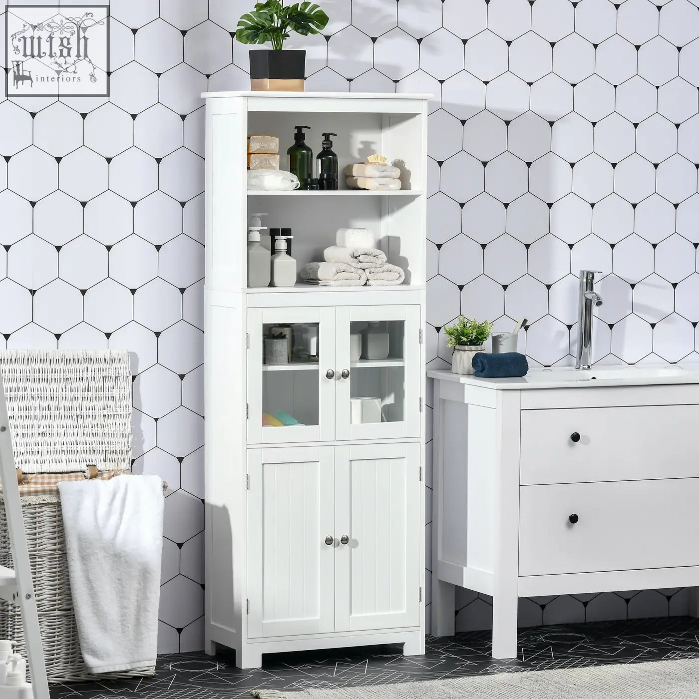 White wooden homcom freestanding kitchen cupboard with glass doors, silver knobs, 54w x 28d, adjustable two shelves