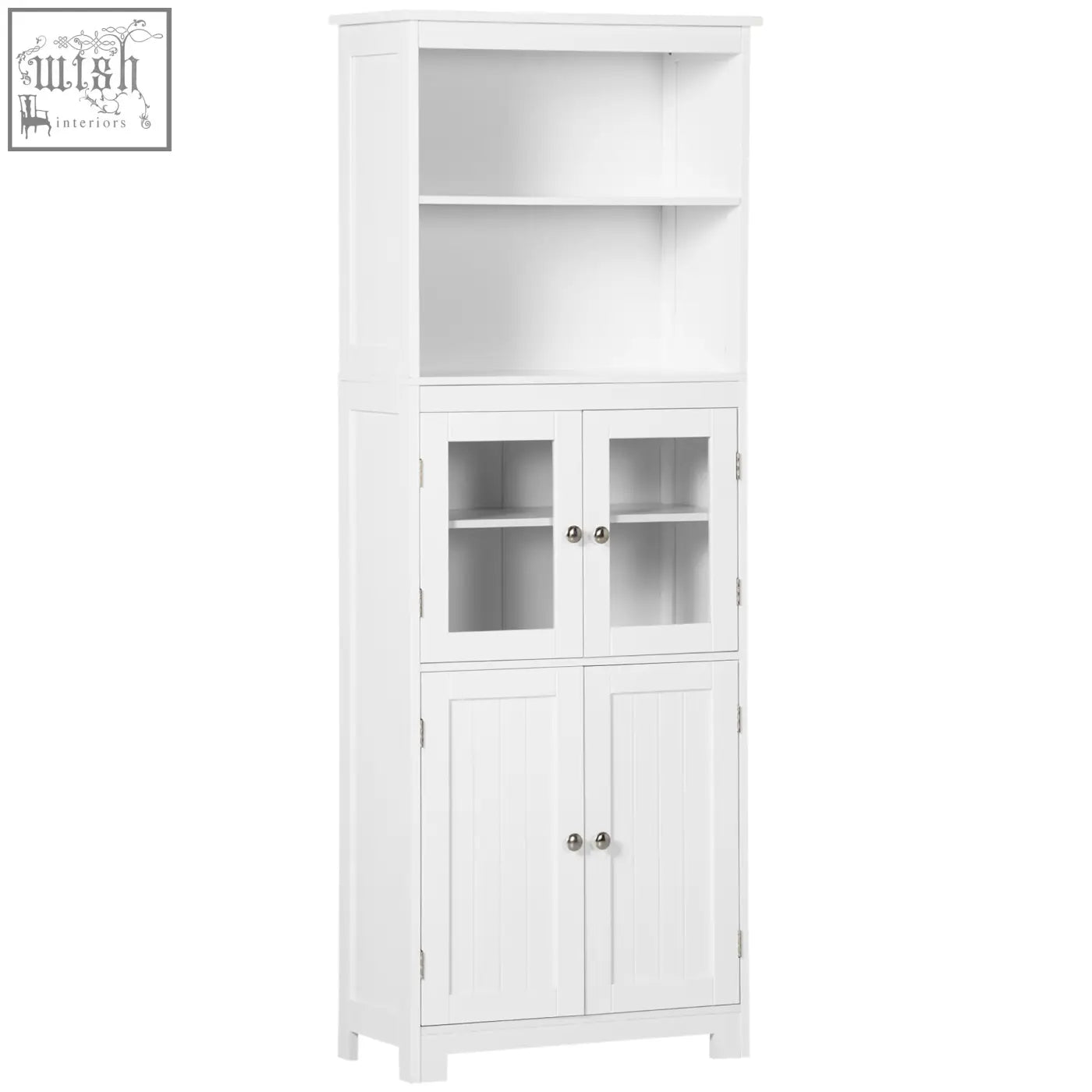 White wooden homcom freestanding kitchen cupboard with glass doors, silver knobs, two shelves, and adjustable shelf 54w x 28d