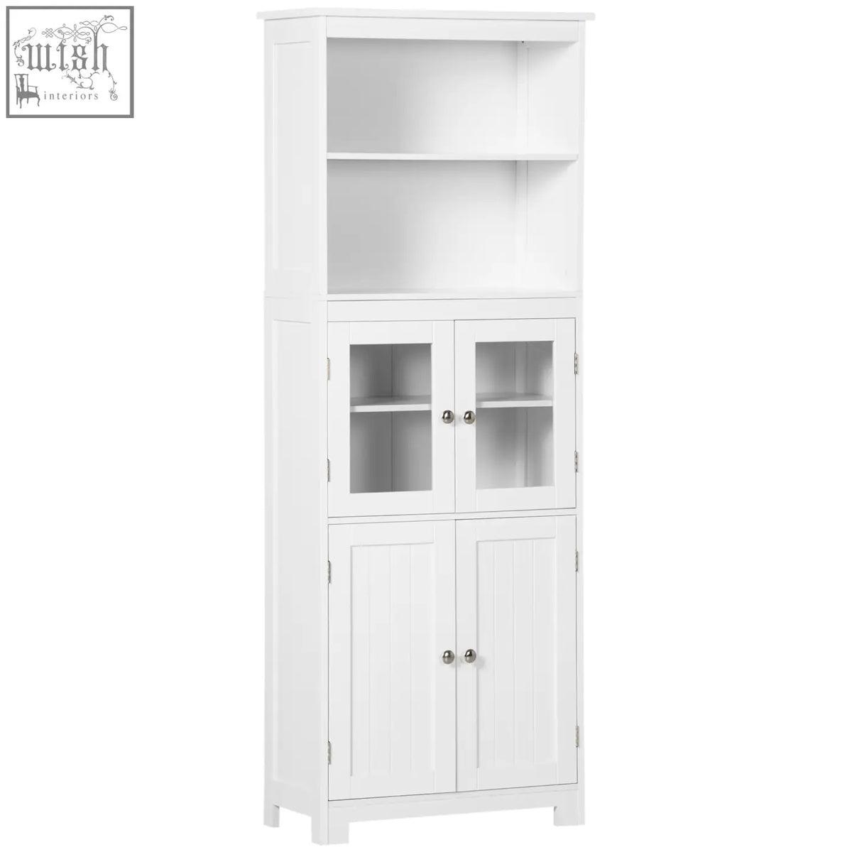 White wooden homcom freestanding kitchen cupboard with glass doors, silver knobs, two shelves, and adjustable shelf 54w x 28d