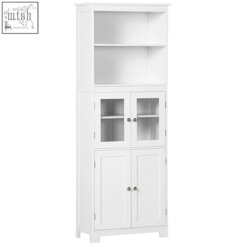 White wooden homcom freestanding kitchen cupboard with glass doors, silver knobs, two shelves, and adjustable shelf 54w x 28d