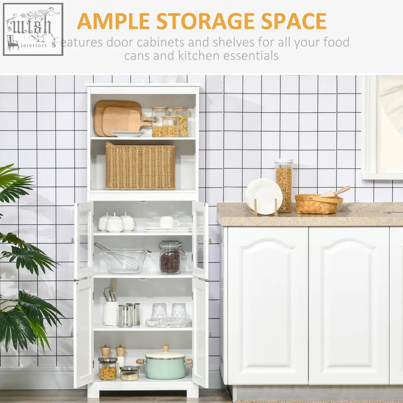 White homcom freestanding kitchen cupboard with glass doors, two shelves, adjustable shelf, and woven basket top shelf